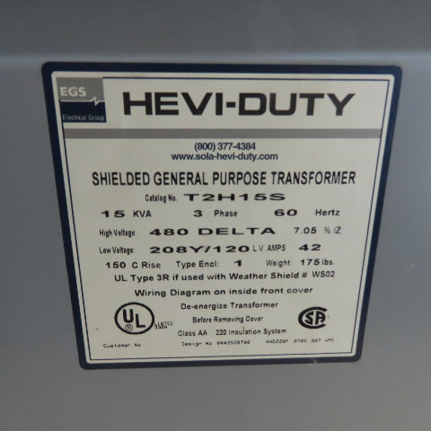Hevi-Duty T2H15S 15 KVA 3Ph General Purpose Transformer 480V Pri 208Y/120V Sec