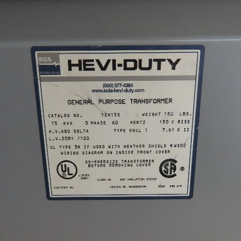 Hevi-Duty T2H15S 15 KVA 3Ph General Purpose Transformer 480V Pri 208Y/120V Sec