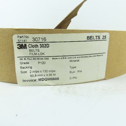 3M 51141 30716 2" x 132" P120 Aluminum Oxide Cloth Sanding Belt Film-Lok Lot/25