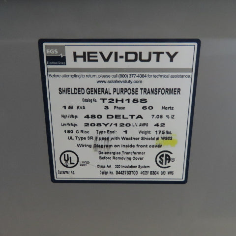 Hevi-Duty T2H15S 15 KVA 3Ph General Purpose Transformer 480V Pri 208Y/120V Sec