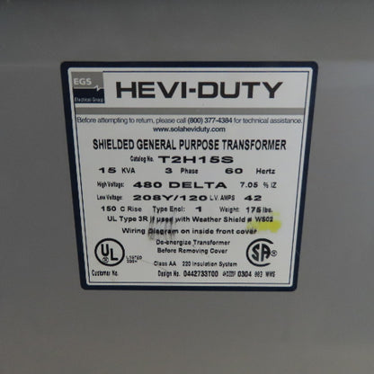 Hevi-Duty T2H15S 15 KVA 3Ph General Purpose Transformer 480V Pri 208Y/120V Sec