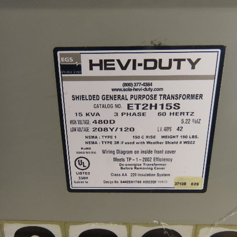 Hevi-Duty ET2H15S 15KVA General Purpose Transformer 480D V Pri 208Y/120 Sec 3Ph