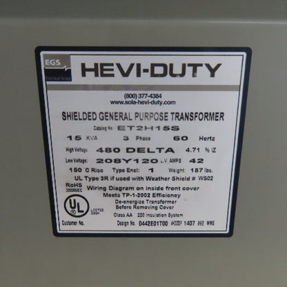 Hevi-Duty ET2H15S 15KVA General Purpose Transformer 480D V Pri 208Y/120 Sec 3Ph