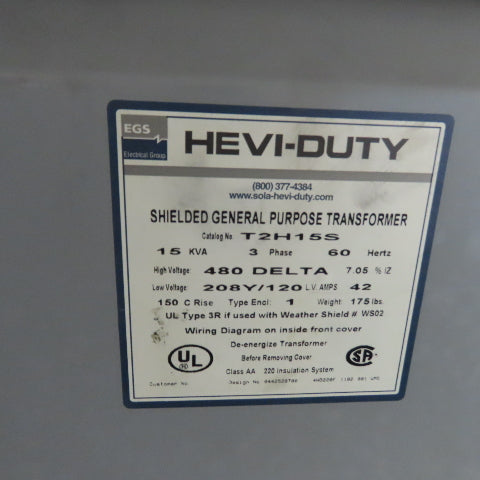 Hevi-Duty T2H15S 15 KVA 3Ph General Purpose Transformer 480V Pri 208Y/120V Sec