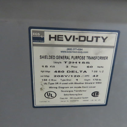 Hevi-Duty T2H15S 15 KVA 3Ph General Purpose Transformer 480V Pri 208Y/120V Sec