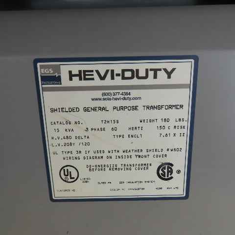 Hevi-Duty T2H15S 15 KVA 3Ph General Purpose Transformer 480V Pri 208Y/120V Sec