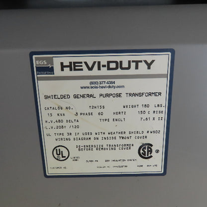 Hevi-Duty T2H15S 15 KVA 3Ph General Purpose Transformer 480V Pri 208Y/120V Sec