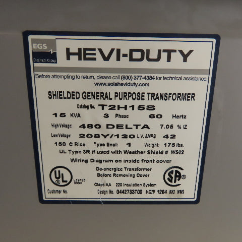 Hevi-Duty T2H15S 15 KVA 3Ph General Purpose Transformer 480V Pri 208Y/120V Sec