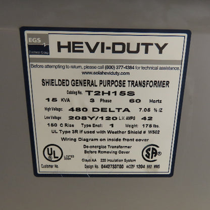 Hevi-Duty T2H15S 15 KVA 3Ph General Purpose Transformer 480V Pri 208Y/120V Sec
