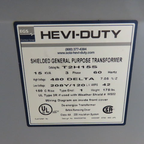 Hevi-Duty T2H15S 15 KVA 3Ph General Purpose Transformer 480V Pri 208Y/120V Sec