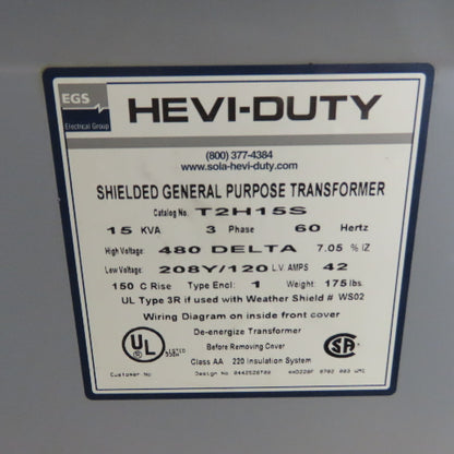Hevi-Duty T2H15S 15 KVA 3Ph General Purpose Transformer 480V Pri 208Y/120V Sec