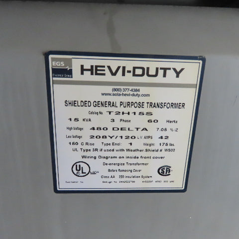 Hevi-Duty T2H15S 15 KVA 3Ph General Purpose Transformer 480V Pri 208Y/120V Sec
