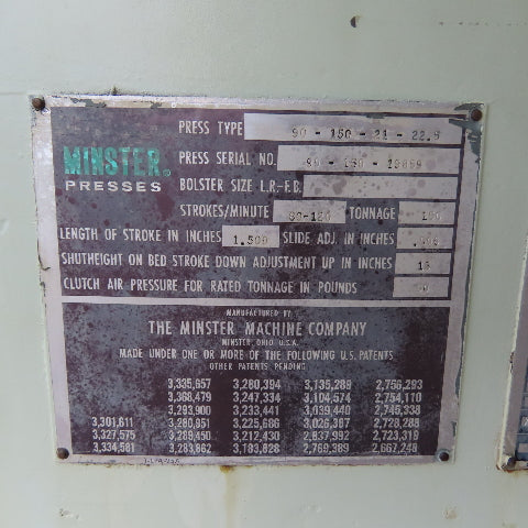 Minster 90-150 150 Ton Stamping Punch Press 3Ph 230/460V 1-1/2" Stroke 60-120SPM