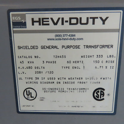 Hevi-Duty T2H45S 45 KVA 3Ph General Purpose Transformer 480V Pri 208Y/120V Sec
