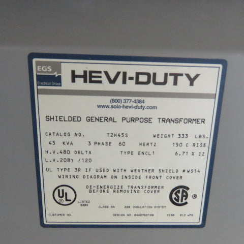 HEVI-DUTY T2H45S 45 KVA 3Ph General Purpose Transformer 480V Pri 208Y/120V Sec