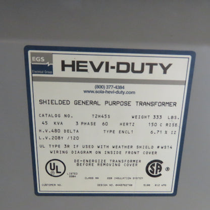 HEVI-DUTY T2H45S 45 KVA 3Ph General Purpose Transformer 480V Pri 208Y/120V Sec