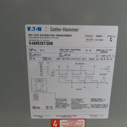 Eaton V48M28T30K 30KVA Dry Type Transformer 3Ph 480V Pri 208Y/120V Sec