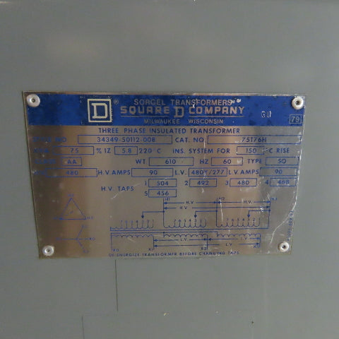 Square D 75T76H 75KVA 3Ph Insulated Transformer 480V Pri 480Y/277V Sec