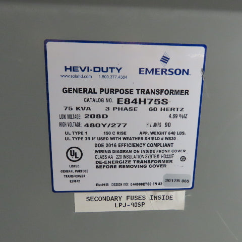 Hevi-Duty E84H75S 75kVA General Purpose Transformer 3Ph 208V Pri 480Y/277 Sec