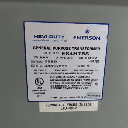 Hevi-Duty E84H75S 75kVA General Purpose Transformer 3Ph 208V Pri 480Y/277 Sec