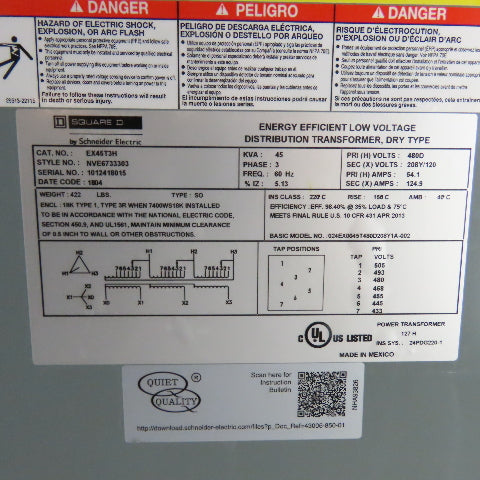 Square D EX45T3H 45 KVA 3Ph Dry Type Transformer 480V Pri 208Y/120V Sec
