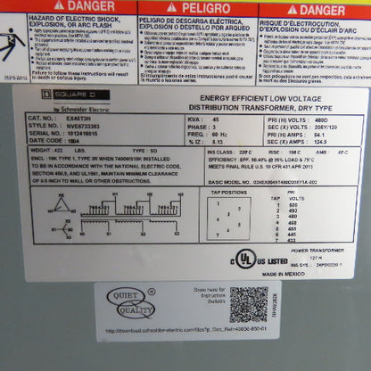 Square D EX45T3H 45 KVA 3Ph Dry Type Transformer 480V Pri 208Y/120V Sec