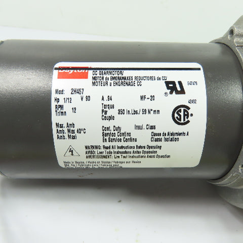 Dayton 2H457 1/12HP DC Gearmotor 90V 12RPM 350 In-Lbs Torque Tested