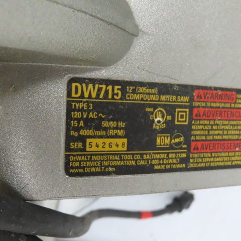 DeWalt DW715 12" Single-Bevel Compound Miter Saw 120VAC 15A 4000RPM