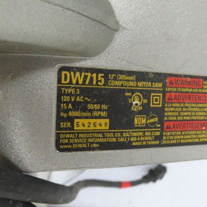 DeWalt DW715 12" Single-Bevel Compound Miter Saw 120VAC 15A 4000RPM