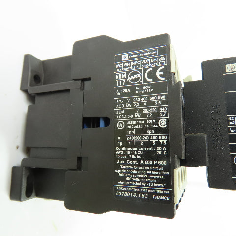 Telemecanique LC1D0910 25A IEC Motor Contactor 24V Coil w/ LA1DN11 Contact Block