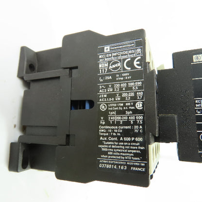 Telemecanique LC1D0910 25A IEC Motor Contactor 24V Coil w/ LA1DN11 Contact Block