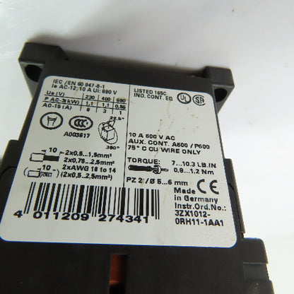 Siemens 3RH1140-1BB40 10A 600V Contactor 24VDC Coil w/Surge Suppressor Lot/2