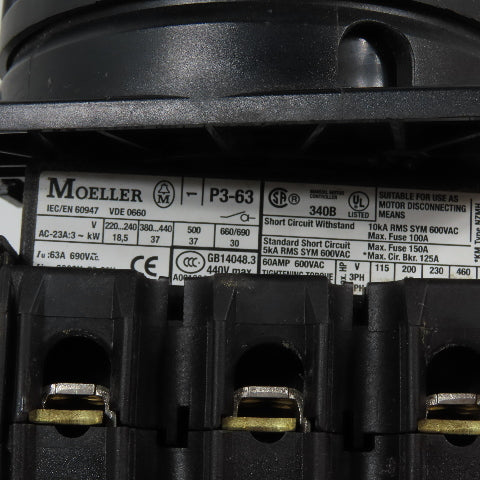 Moeller P3-63 63A 3-Pole Manual Motor Controller Disconnect Switch 690V