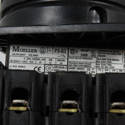 Moeller P3-63 63A 3-Pole Manual Motor Controller Disconnect Switch 690V