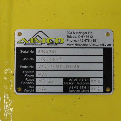 Aimco VAJ-1-12P-PM-PB Articulating VacuJib Vacuum Lifter 100lb Cap. 12' Reach