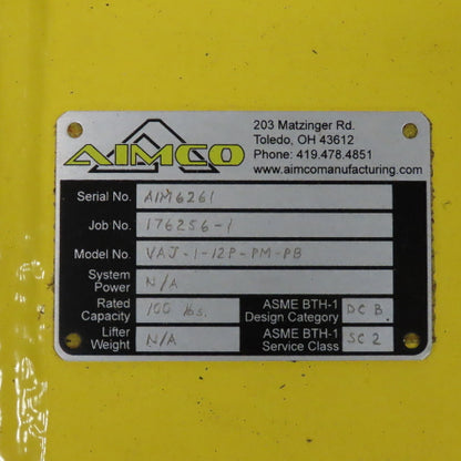 Aimco VAJ-1-12P-PM-PB Articulating VacuJib Vacuum Lifter 100lb Cap. 12' Reach