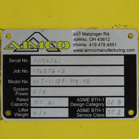 Aimco VAJ-1-12P-PM-PB Articulating VacuJib Vacuum Lifter 100lb Cap. 12' Reach