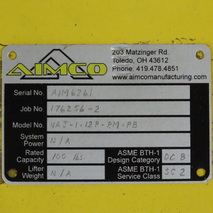 Aimco VAJ-1-12P-PM-PB Articulating VacuJib Vacuum Lifter 100lb Cap. 12' Reach