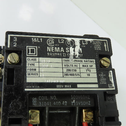 Square D 8536SC03 3-Pole NEMA Size 1 Motor Starter 120V Coil 600VAC