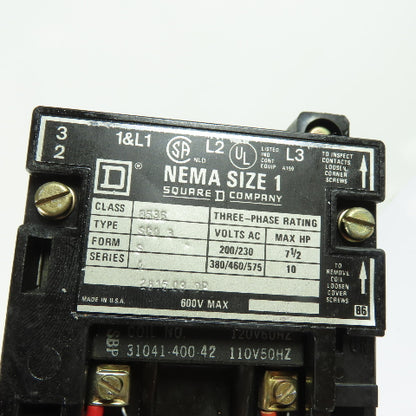 Square D 8536SCO3S 3-Pole NEMA Size 1 Motor Starter 120V Coil 600VAC