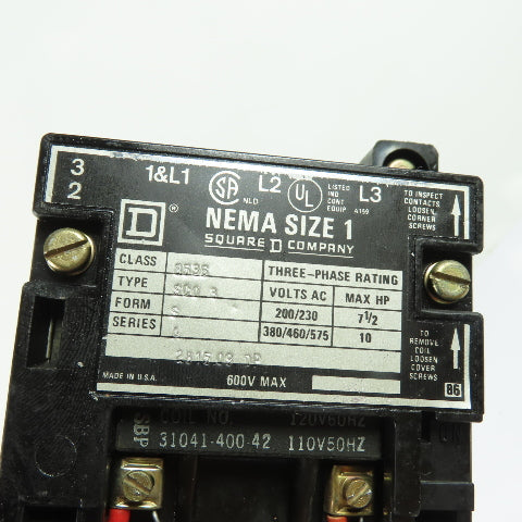 Square D 8536SCO3S 3-Pole NEMA Size 1 Motor Starter 120V Coil 600VAC