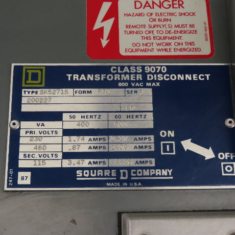 Square D SK5271S Ser A Class 9070 Disconnect Transformer Pri 230/460V Sec 115V