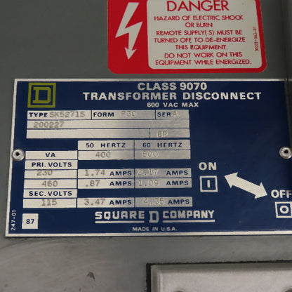 Square D SK5271S Ser A Class 9070 Disconnect Transformer Pri 230/460V Sec 115V