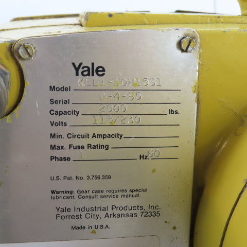 Yale KEL1-10H15S1 1 Ton 2000LB Electric Chain Hoist 115/230V 1Ph 15FPM 15' Lift