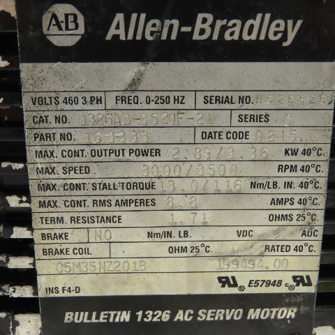 Allen-Bradley 163333 1326AB-B520F-21 3.36kW AC Servo Motor 460V 3Ph 3500RPM