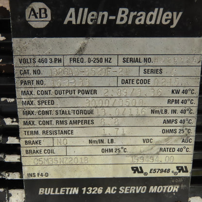 Allen-Bradley 163333 1326AB-B520F-21 3.36kW AC Servo Motor 460V 3Ph 3500RPM