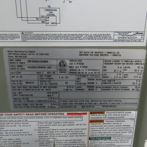 Modine PDP350AE0130SBAN Natural Gas Unit Heater 350,000 BTU/HR 115V 1Ph Tested