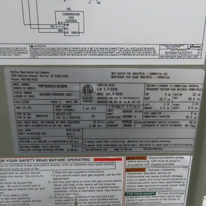 Modine PDP350AE0130SBAN Natural Gas Unit Heater 350,000 BTU/HR 115V 1Ph Tested