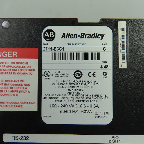 Allen-Bradley 2711-B6C1 Panelview 600 Ser C FRN 4.48 HMI Operator Interface