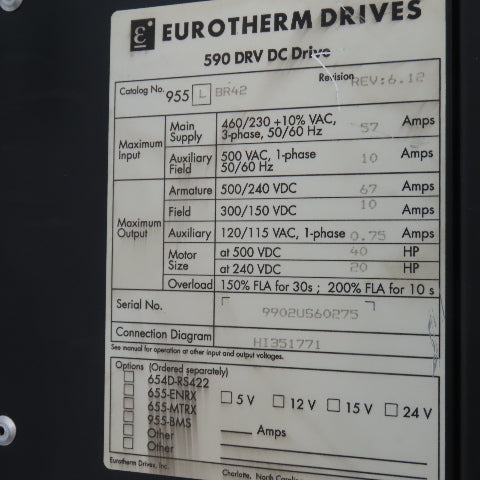 Parker 590PX-53270010-P00-U4V0 W/ Eurotherm 995 L BR42 590 DRV DC Drive